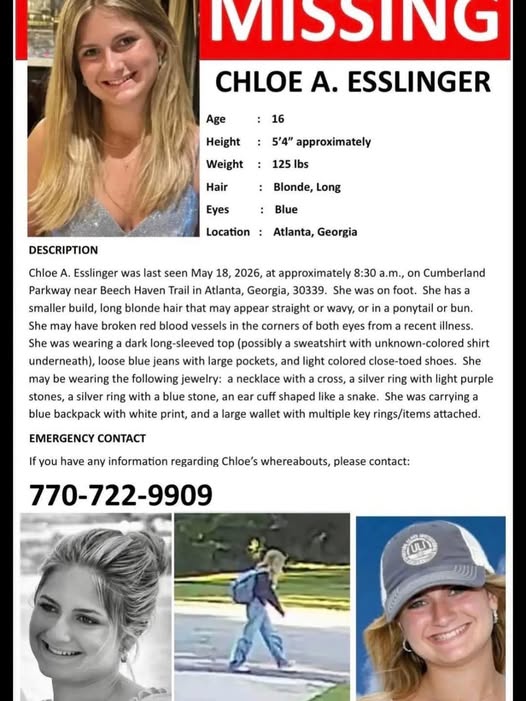 Chloe Esslinger, Missing Georgia 16 Years Old Teen Last Seen Monday in Atlanta - City in Georgia